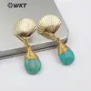 WT-E509 Scalloped shape gold plated Stud Howlite Stone In Teardrop Shape With Brass Wire Capped Natural Turquoises Earring