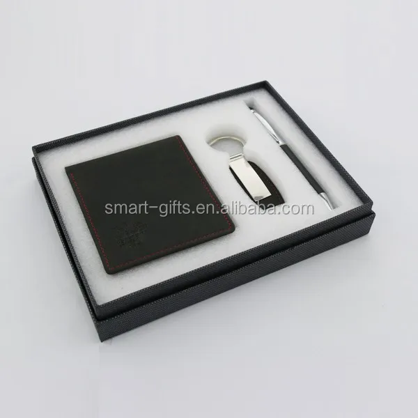 leather card holder wallet gift set with keychain and pen