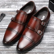 CZ82911 Italian famous brand mens leather shoes pointed toe monk strap loafers good year handmade genuine leather shoes