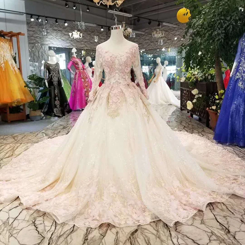 Lss188 Jancember Cheap Wedding Dress Pink Flowers Long Sleeve Lace