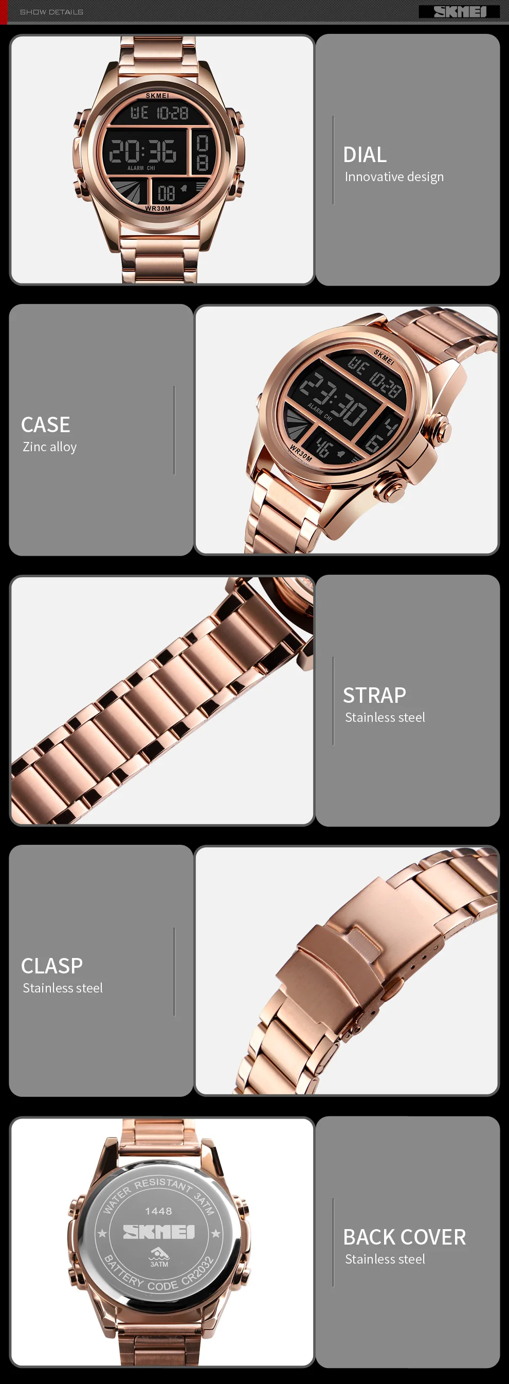 Wholesale watches Skmei 1448 digital waterproof luxury watch strap metal watch for men clock