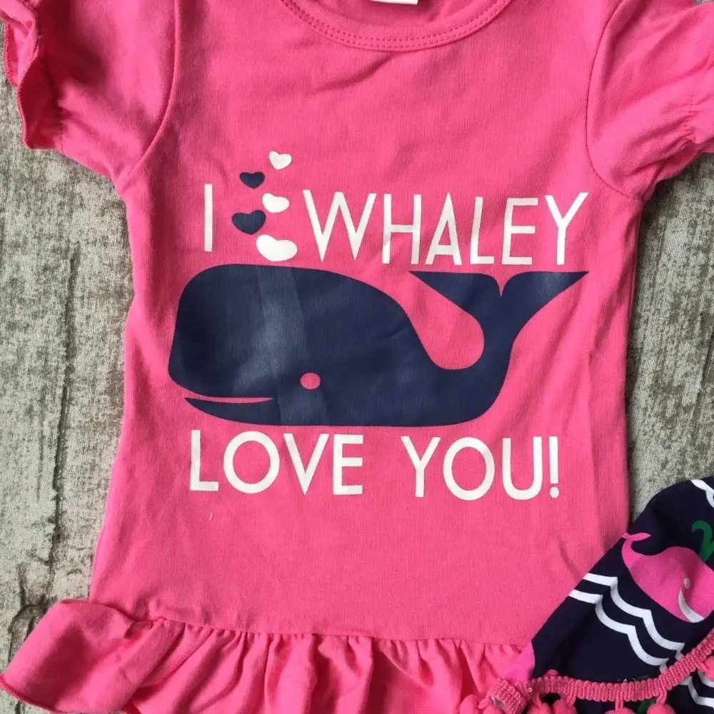baby girls shorts sets boutique outfit cute hot pink I whale love you summer cotton chevron clothes macth with necklace and bow