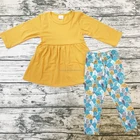 Baby Clothes Set Pure yellow Top Sky Blue Shell Printing Pant Long Sleeve Baby Clothing Boutique Sets