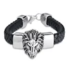 Mens Jewelry Silver Stainless Steel Lion Head With Black Leather Bracelet 20mm