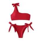 Wholesale Custom Red Swimwear Two Piece Swimsuit Sexy Summer Teen Bra and Bikini Sets Triangle One Shoulder Bikini