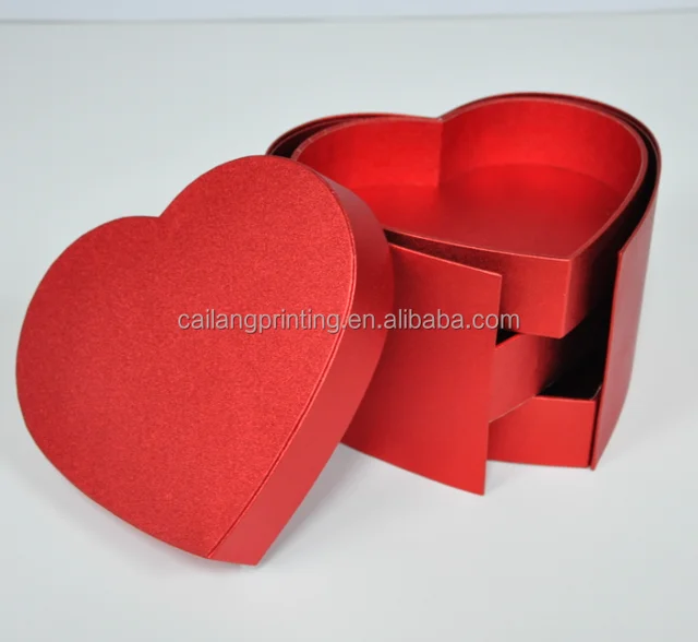 red foldable heart shaped cosmetic paper box with 3 lay 2 piece