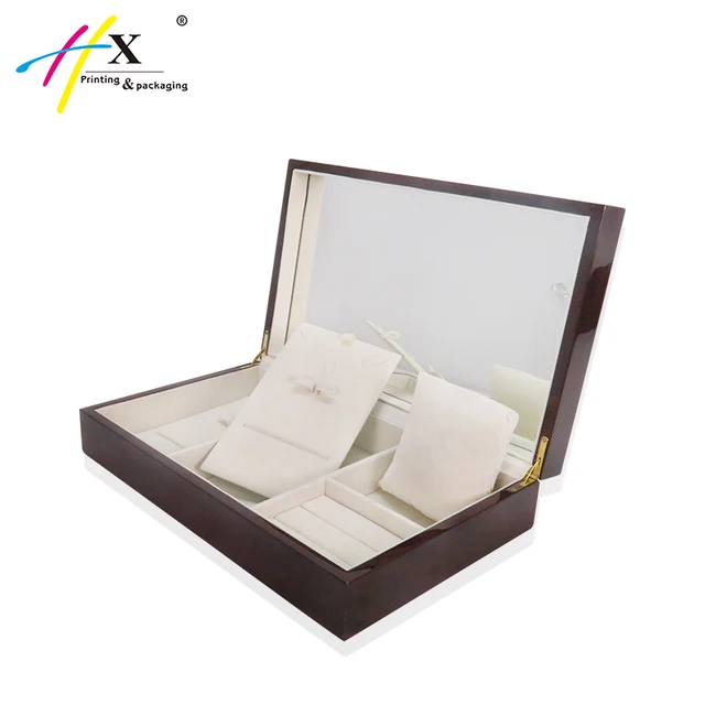 Luxury red wooden trinket box jewelry display set glass mirror inside