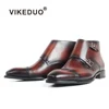 VIKEDUO Hand Made Double Buckle Monk Strap Shoe Boot Painted Brogues Ankle Shoes Men Leather Boots Formal
