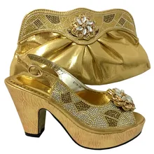 China supplier promotion african hot sale high quality high heel Gold ladies shoes and bag