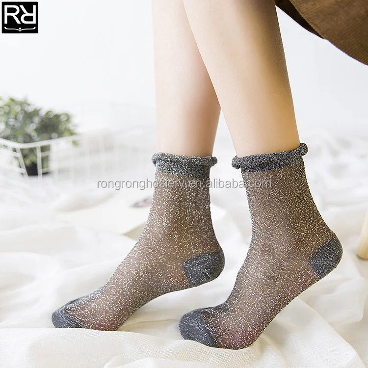 Soft Cute Breathable Women Ladies Lace Glitter Ankle Dress Socks