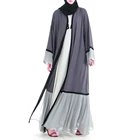 summer new women casual muslim clothing chiffon fabric pleated gray abaya open kimono dress