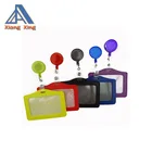 Horizontal Style PU Leather Business Id Credit Card Badge Holder with Retractable Pull Reel Key Clip