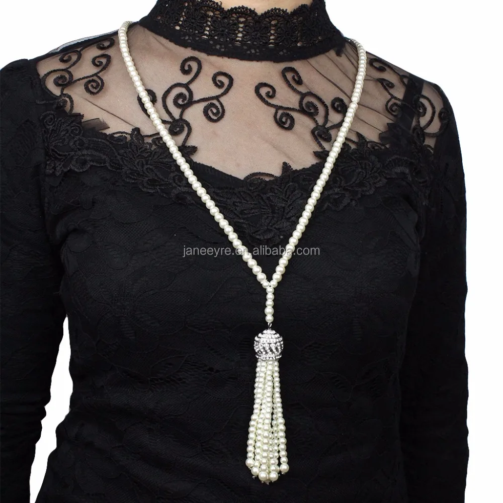 ART DECO Gatsby de moda perlas de imitación de aleta cuentas racimo largo collar de perlas joyas