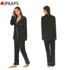 Custom Excellent Color Fastness Black Girl Fashion Long Sleeve Sleepwear Adult Satin Pajamas Wholesale