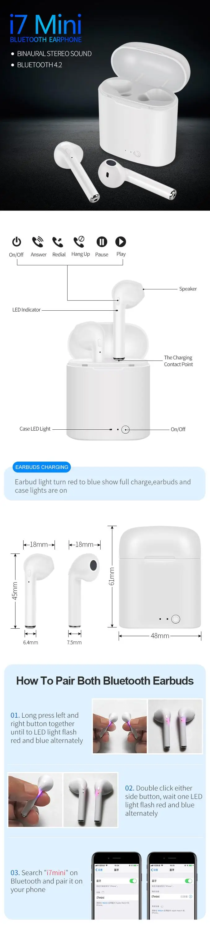 Hot selling earphones i7 mini headset white wireless tws earbuds with charging - ANKUX.COM