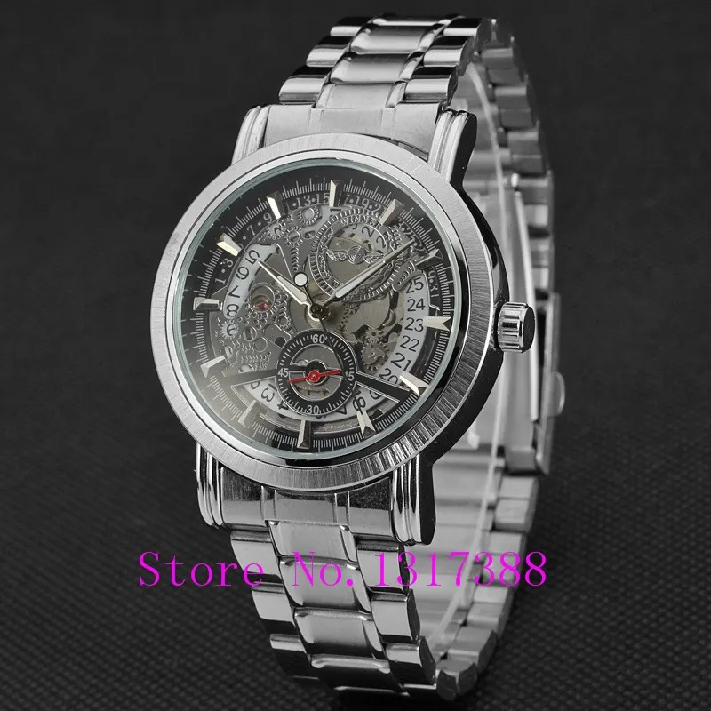 New Fashion Gold Skeleton Watch Men Luury Brand Self Wind Mechanical Wristwatches Male Stainless Steel Analog Clock W125