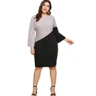 Plus size loose long sleeve slim fitted ladies color block women dress