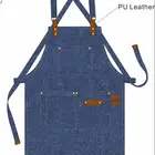 Cotton denim apron with pockets PU straps Custom Embroidery Logo Jean leather Apron multi- Color adjustable bib Apron