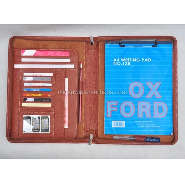 brown grain leather business portfolios case functional pad case folders with front pockets fashion gifts for job hunters