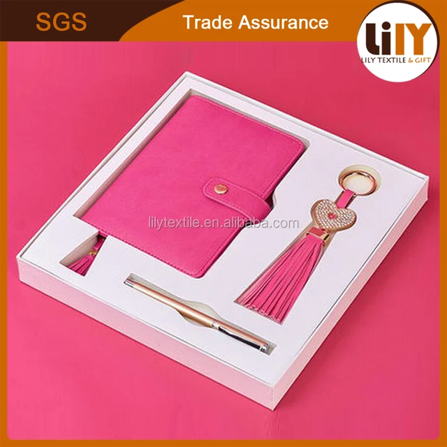 pink leather notebook with keychain and ball pen gift set for