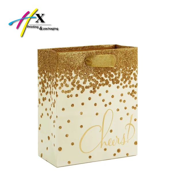 gold color glitter paper gift shopping carrier bag with handle