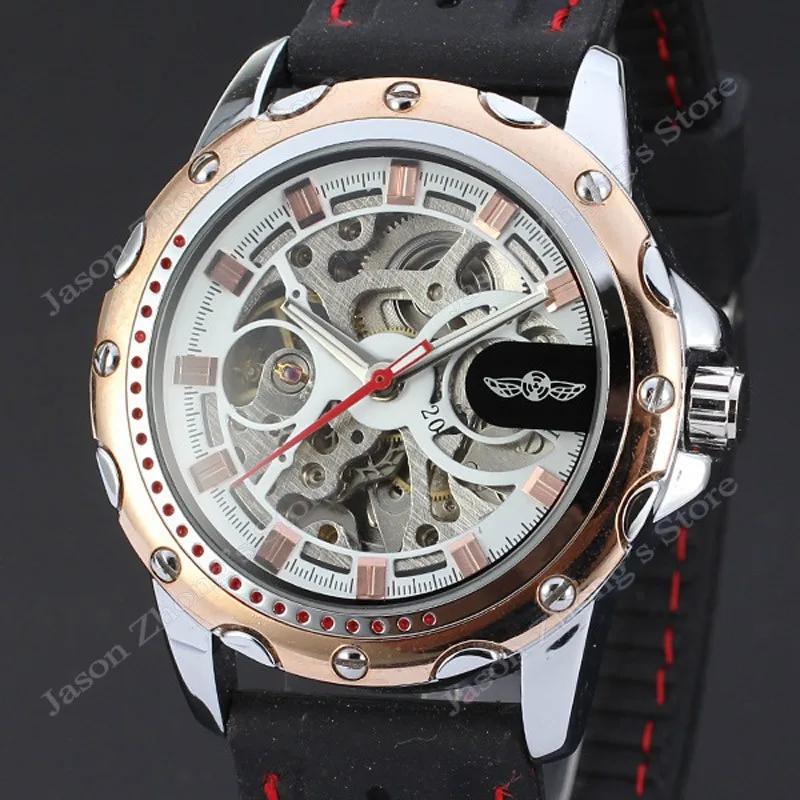 New WINNER Hollow Engraving Skeleton Casual Design Black Golden Case Rubber Strap Watches Men Luury Brand Automatic Watches
