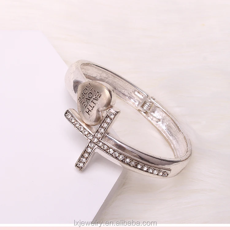 silver bangle bracelets fashion crystal love cross bracelet open
