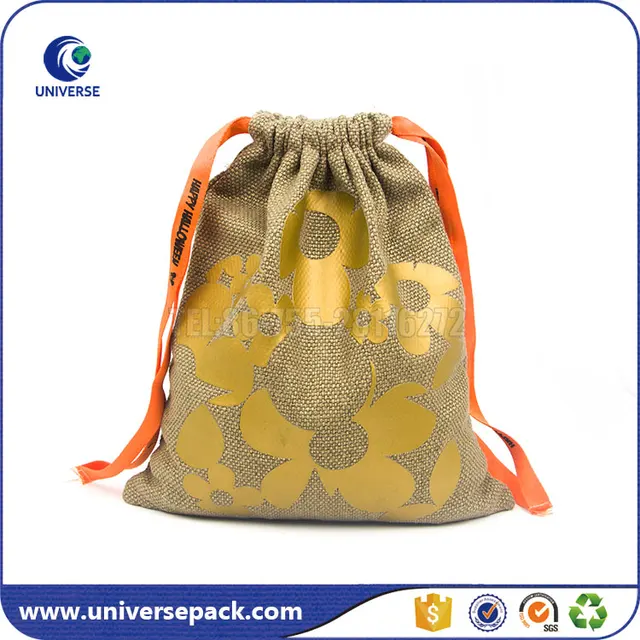 gold printed burlap drawstring favor bag for wedding gift