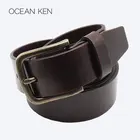 Vintage brass pin buckles belts leather men genuine chocolate belt for jeans