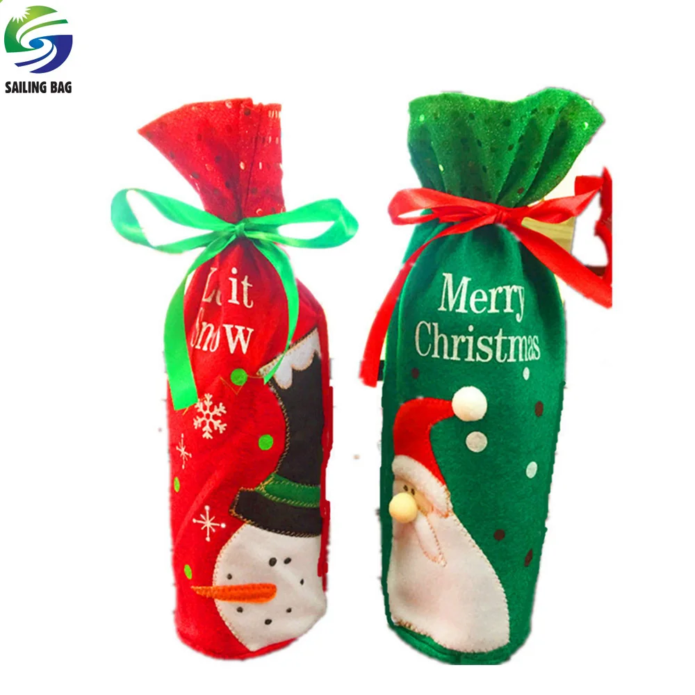 red christmas santa felt wine bottle drawstring gift bag