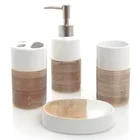 Bathroom Accessories 4 Pcs Set Simple Bamboo Ceramic Soap Dispenser Set Toothbrush Holder