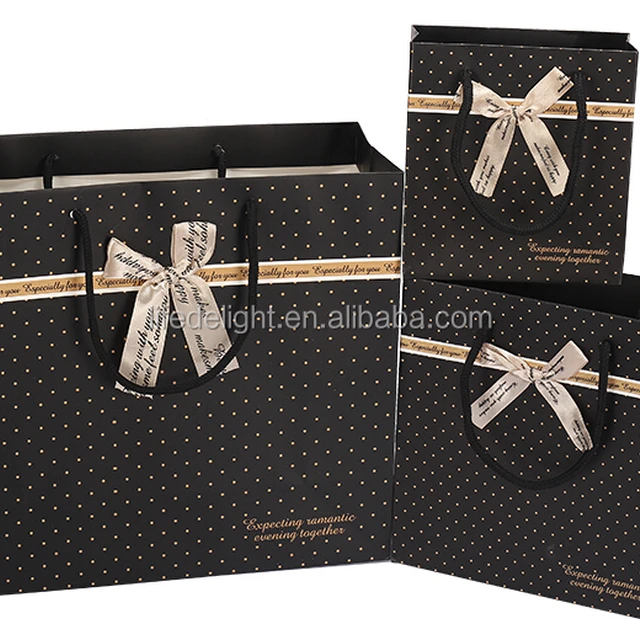 customized luxury black art paper party bags with ribbon bowknot