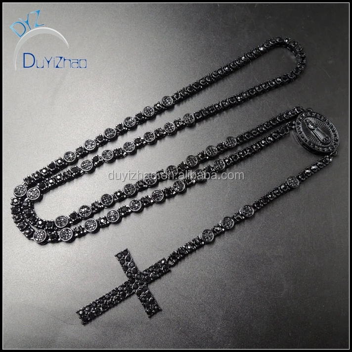 new style fashion hip hop black crystal cross rosary necklace