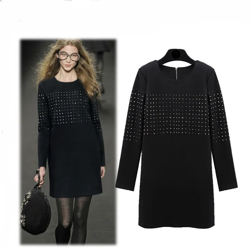 S591 2015 spring and summer cotton Pure color women's long sleeves dress knee-length rivet comfortable Big yards party dresses