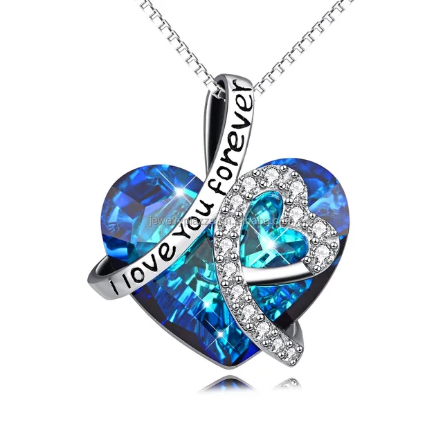 heart pendant necklace with blue crystals jewelry for women