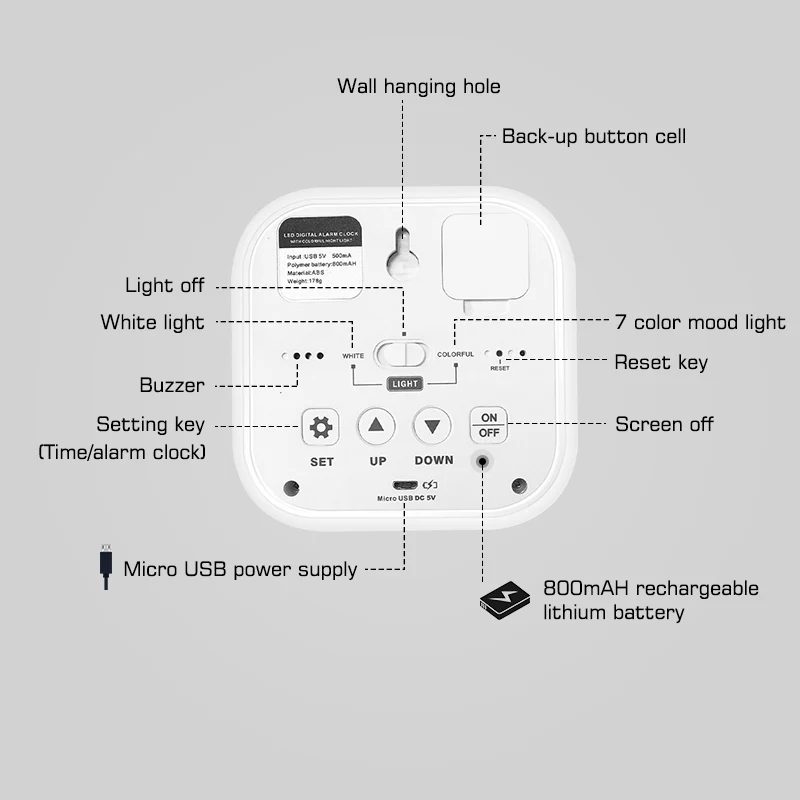 Touch control 5V rechargeable Small size alarm 12/24 hours easy to set kitchen private label led digital mirror wall alarm clock