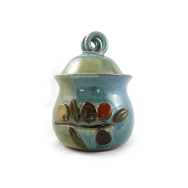 Steinzeug Keramik Knoblauch Keeper Glas mit Olive Motiv