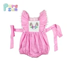 Woven Cotton Pink color bunny applique baby girls clothes bubble romper for easter days