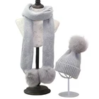 Fashion women winter wear warm thick fox fur pom pom wool acrylic knitted scarf and hat set