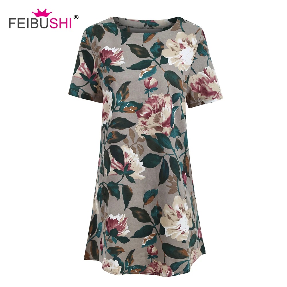 FEIBUSHI Women's shirt blouses Print Flower Floral tops Long Sleeve Shirt Blouse Dress White Plus Size blusa feminina