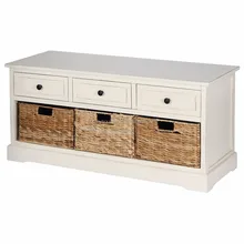 French cottage style wood 3 storage baskets bedend shoe bench white