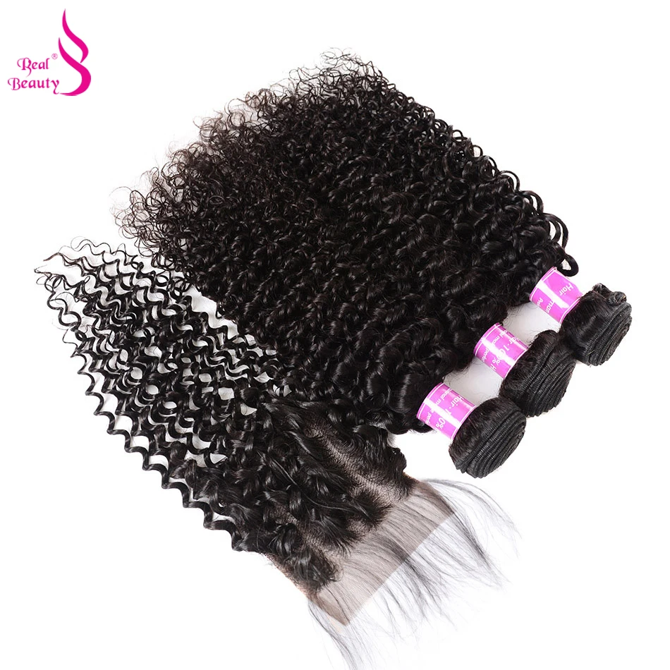 Real Beauty Curly Weave Hair 3 Bundles With Lace Closure Free Part 44 Remy Brazilian Human Hair Bundles With Baby Hair Closure (7)