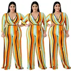 SAYF1011 colorful stripe print oversized wide leg pants fat womens deep v sexy plus size jumpsuit