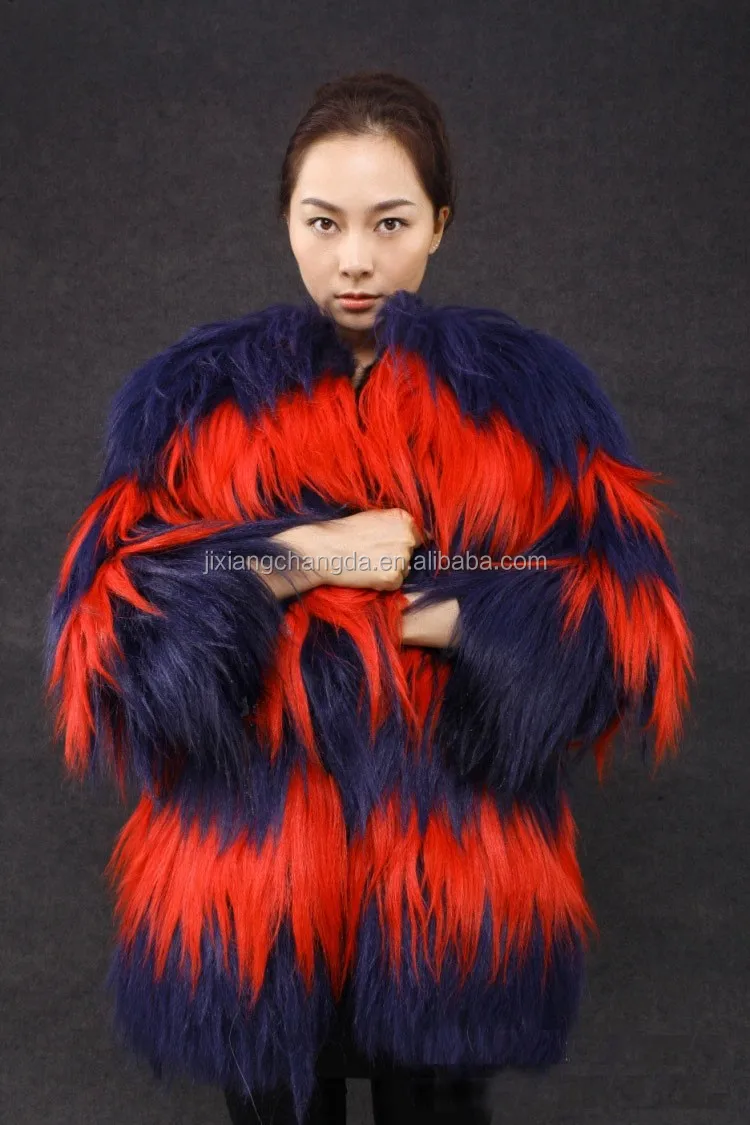 女性服赤と紫の色長い髪モンゴル子羊毛皮のコート長いヤギの毛皮のコート仕入れ・メーカー・工場