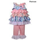 Hot sale baby girls remake sleeveless pleated big ruffles lovely top dress and pants fashion boutique clothing wear set