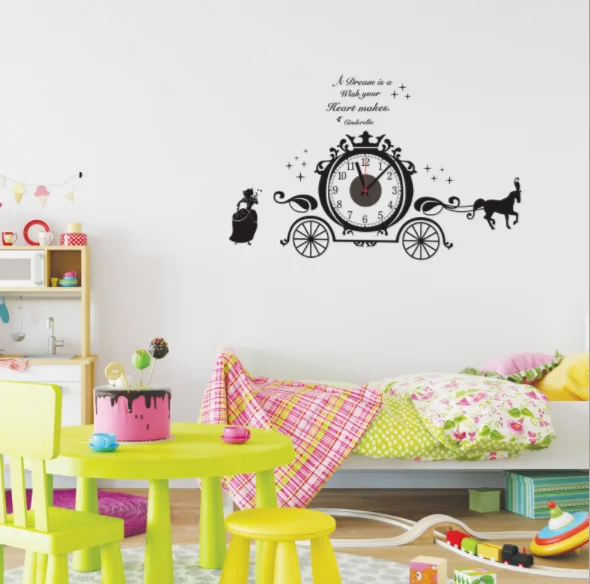 Prenses arabası çocuk odası yapışkanlı duvar saati