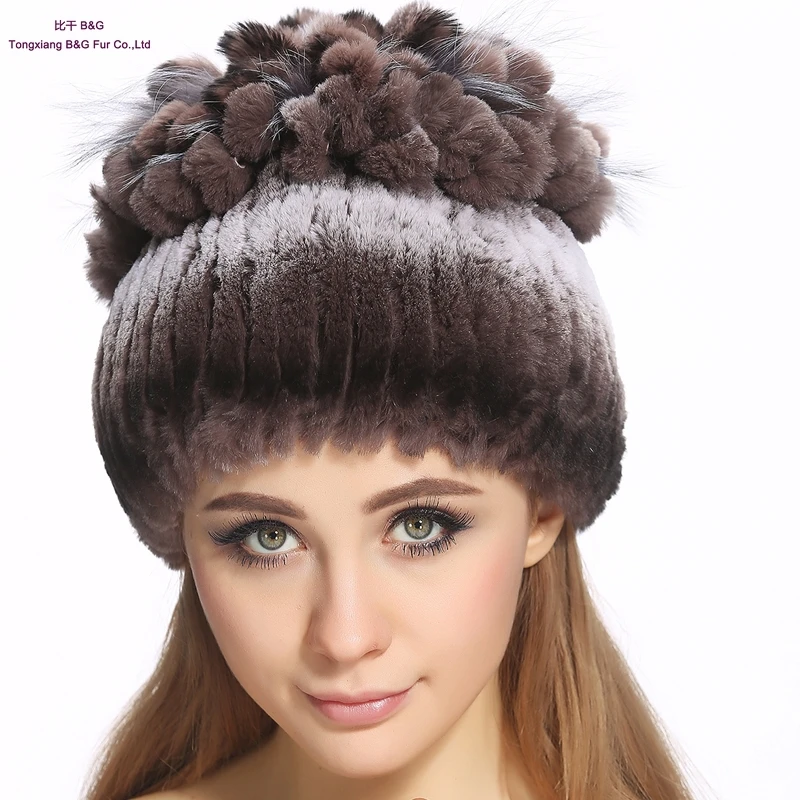 Women's Genuine Rex Rabbit Fur Hats Winter Warm Real Fur Beanies with Fur Poms 100% Real Rex Rabbit Elastic Fur Hat BG80242