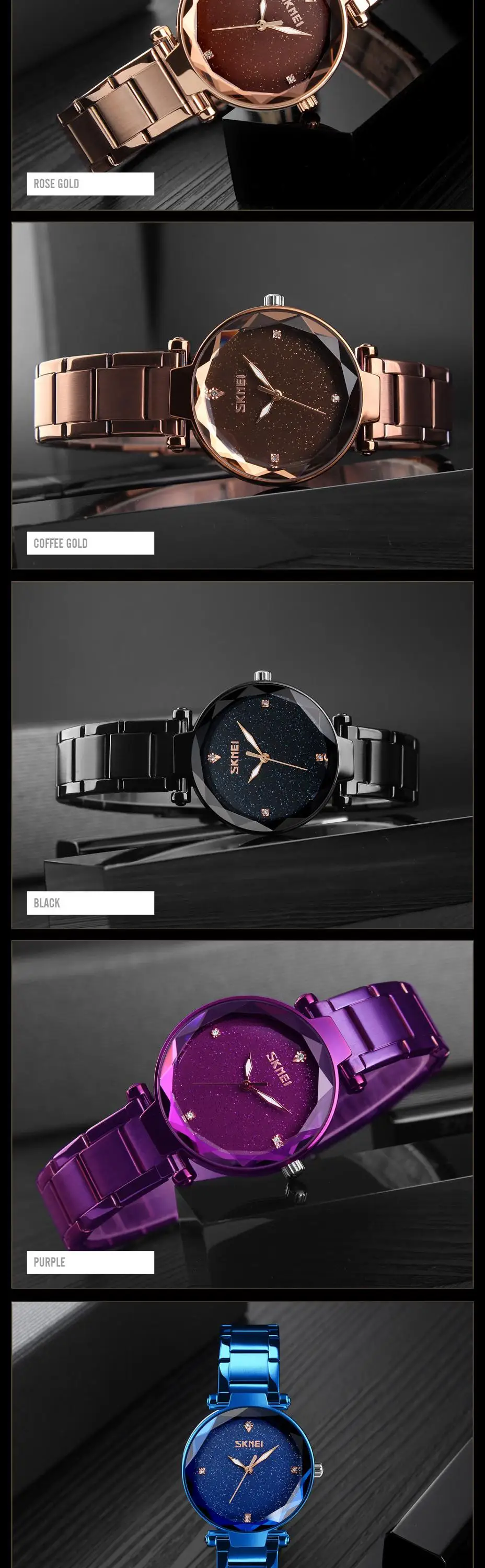 SKMEI Fashion Stainless Steel Lady Elegant Watch Luxury Starry Quartz Watches reloj mujer 9180