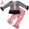 Wholesale Children's Boutique Clothing Black / White Stripes Remake Ruffle Top And Pink Double Ruffle Pants Kids Girls Outfits