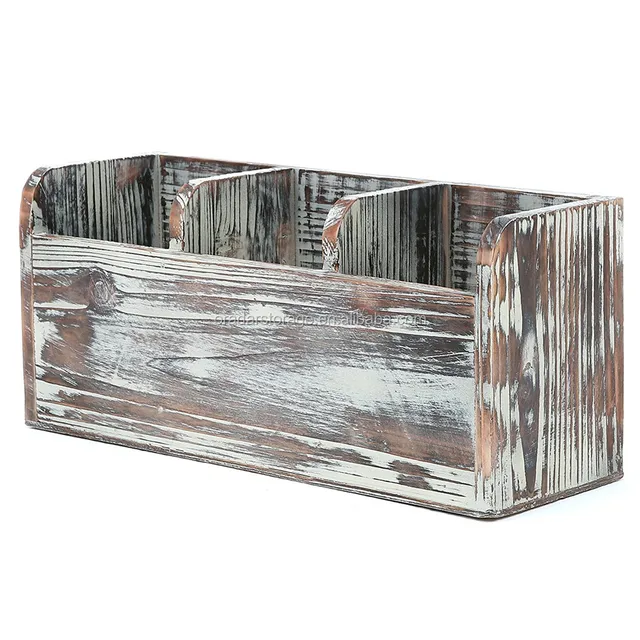 wooden flatware holder caddy with rustic torched whitewash